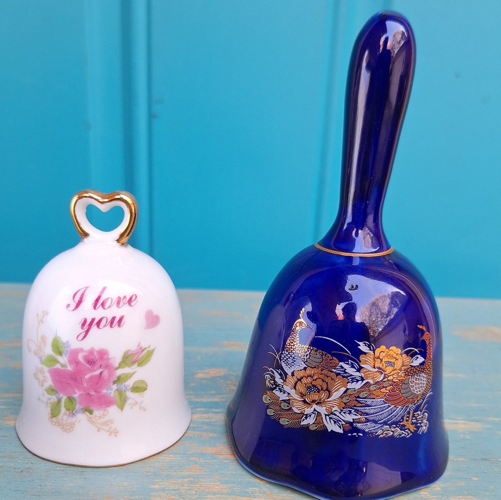 Vintage Bells Pink Rose Blue Bird Pheasant Made Japan Dinner Bells Collectible